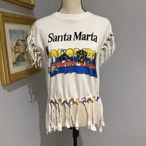 Vtg T Shirt Fringe Beaded 80s Spring Break Size M Columbia Santa Marta Party Top